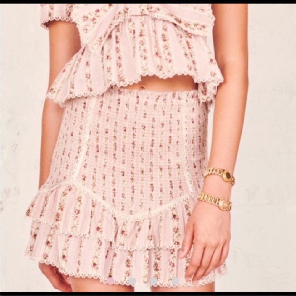 NWT Loveshackfancy Smocked Raina Skirt Pink Floral, Sz Small